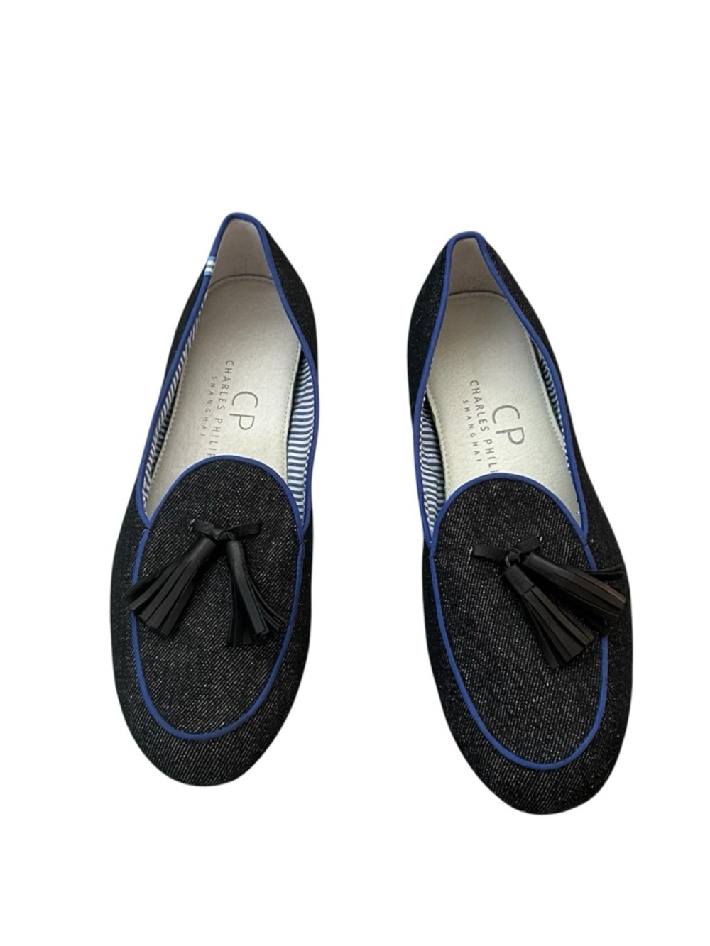 Charles Philip Shanghai Black Denim Loafers with Blue Piping Shoes Flats Sz 9.5 - Picture 8 of 8
